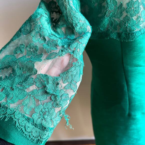 50's VINTAGE | Wayne Fuller Emerald Green Silk Sheath Dress Lace | Approx Sz 10 - Picture 5 of 12